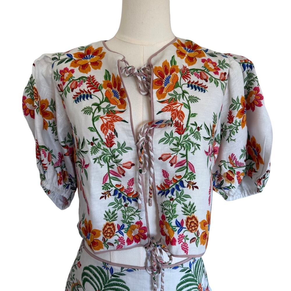 Farm Rio (M) Off White Delicate Forest Floral Tropical Print Midi Skirt Top Set - Picture 7 of 10
